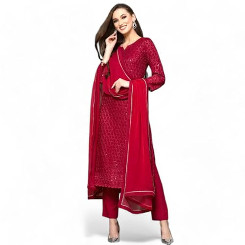 RangMahal Kurti indien fait main en pur coton pour femme avec dupatta ensemble traditionnel, Rouge, X-Large