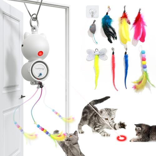 FEELNEEDY Katzenspielzeug Interaktive mit Led-Rotlicht 2 In 1 Spielzeug Intelligenz Elektrisch für Katzen Feders&Maus&Kuscheltier Schnur Einziehbare Design Hängendes Spielzeug Selbstbeschäftigung