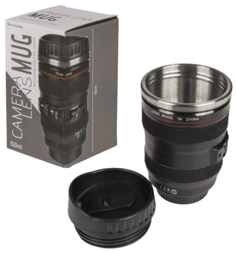 LND Gifts Camera Lens Design Mug - 350ml Reusable Coffee Cup, Ideal Photography Gifts for Men & Coffee Lovers, Travel Gifts. Gifts for Photographers, Camera Ladies, Mens Travel Mug
