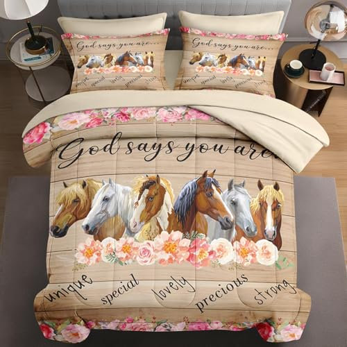 WeCozy 7 Pcs King Size Comforter Set with 2 Pillowcases & 2 Shams, Horses Animal Flower Bedding for Kids and Adults, Inspirational Thoughts Bed in a Bag with Flat Fitted Sheet