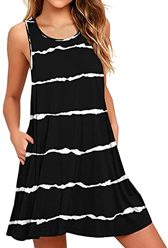 Actcat Strandkleid Damen Sommer Ärmellos Leicht Luftig Casual Kleid | Knielang,mit Taschen,Lässiges T-Shirt-Kleid,Freizeitkleid