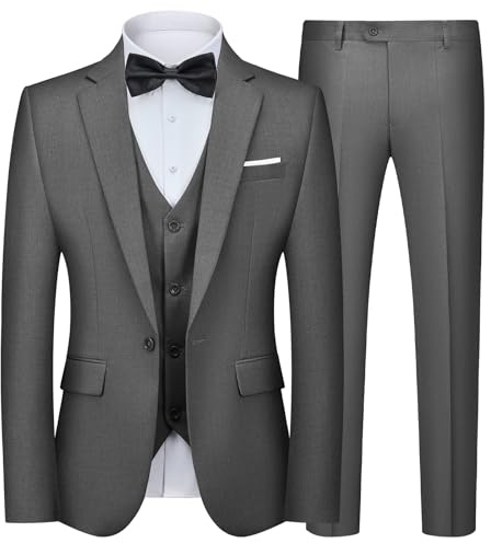Autsel Mens Suits 3 Piece Slim Fit Single Breasted One Button Tuxedo Suit Blazer Waistcoat Trousers Dark Grey XL
