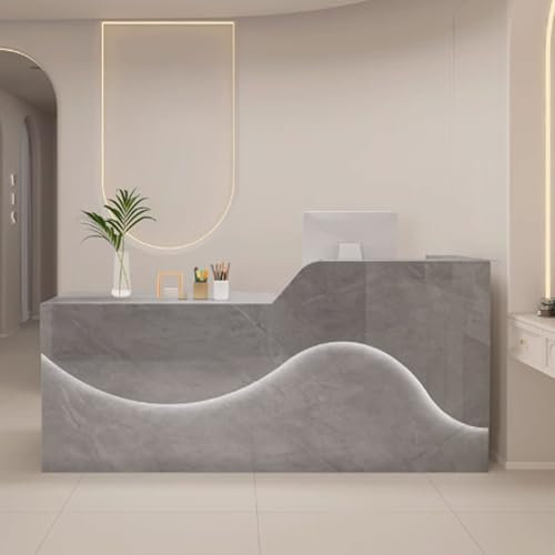 GUQASDV Empfangstheke Rezeption, Empfangstresen für Praxis, Reception Desk Modern, Bürotheke Reception Tisch Holzwerkstoff mit Sanfter und Entspannender Beleuchtung(Gray Texture,120cm)