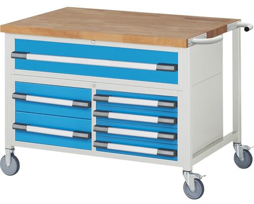 eurokraft | Fahrbare Werkbank Serie 8000 | Gestellbauweise | 7 Schubladen | Platten-BxT 1250 x 900 mm