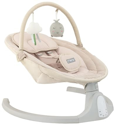 Mecedora MoMi KENANI SAND para niños de hasta 9 kg, con pantalla LED, mando a distancia, Bluetooth, arnés de 5 puntos, barra y juguetes, alimentada por pilas y/o electricidad