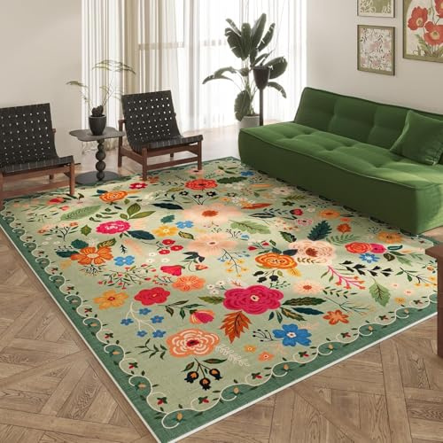 Sedefen Teppich Grün 140x200 cm Kurzflor Blumen Boho Rutschfester Waschbarer Flauschig Teppich Wohnzimmer Schlafzimmer Kinderzimmer Küche