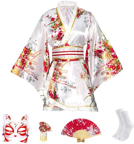 CRFASIBE 5 Pezzi Donna Kimono Corto, Tradizionali Giapponesi Yukata con Stampa Floreale, Costume Set per Carnevale con Accessori (Bianco