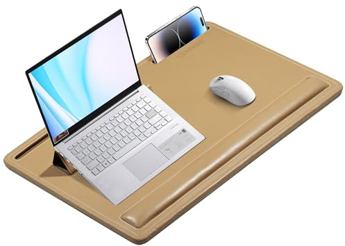 CENNBIE Tavolo laptop extra large in pelle con memory foam 60x40 cm, regolabile per computer fino a 48 cm, poggiapolsi integrato (Marrone)