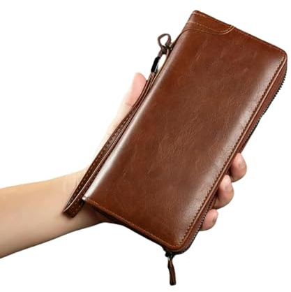 DFHXALH herr plånbok män lång dragkedja PU-läder för RFID-blockering business clutch väska kreditkortshållare plånbok-lång mörkbrun 2007