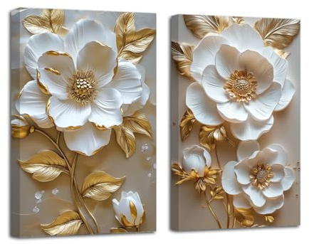 LZIMU White and Gold Flower Canvas Wall Art Elegant Golden Floral Leaves Painting Prints Abstract Floral Pictures Wall Decor for Living Room Framed (11x14inchx2 Pieces)