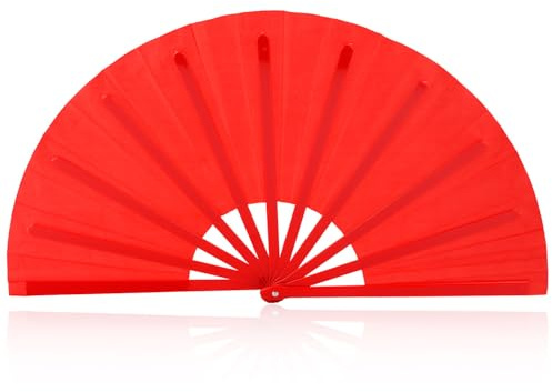 BOXOB Large Foldable Hand Fan, Plastic Fabric Rave Folding Held Handheld Fan Manual Portable for Line Dancing Wedding Party Decoration Performance Supplies (Red)
