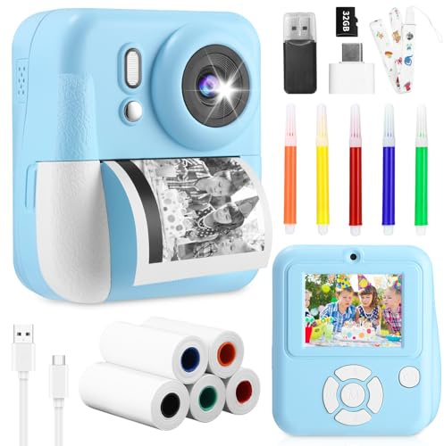 Appareil Photo Enfant Instantanée(Bleu),1080P, 32GB Carte Mémoire, 6 x Papier d'impression, Cadeau pour Les Garçons et Les Filles 3-12 Ans