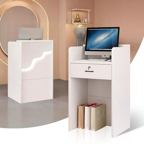 Empfangstheke Holz, Moderne Empfangstresen, Front Theke Bürotheke Rezeption Tisch, Verkaufstheke Mit Schubladen Und Schränken, Rezeptionstheken Für Salon Geschäft Hotel Büro White-up 23.6×17.7×39.3in