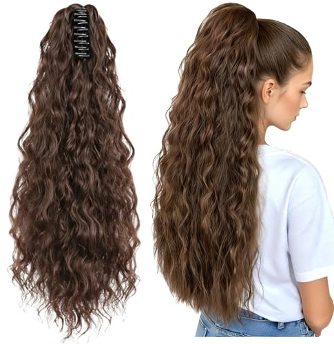 Hellbraune gewellte Pferdeschwanz-Haarverlängerung, Clip-In-Haarteil für Frauen, lange lockige Zopf-Haarverlängerung, sofortiges Volumen und Länge, natürlicher Look, hochtemperaturbeständige Fasern