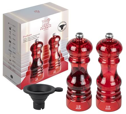 PEUGEOT - Set Nancy Pfeffermühle + Salzmühle 18 cm - Silikontrichter, 1 Packung mit Trockensalz & 1 packung mit schwarzem Tan Hoi-Pfeffer inklusive - Französisches Know-how - Acryl - Rot transparent