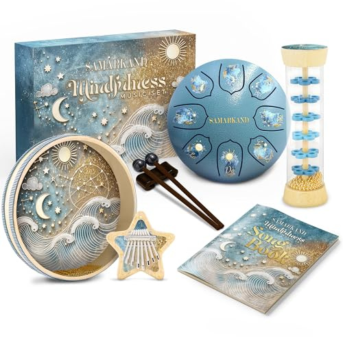 Instrument De Musique Bebe – Kalimba + Tambour handpan + Bâton De Pluie & Pluie pour Apaiser, éveiller Le Rythme Et Stimuler L’Imagination, Moments De Relaxation -Cadeau Instrument De Musique Enfant