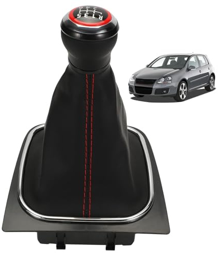 LDLRevX Pomello Cambio Per VW Golf 5 6 EOS 1K0711113CG, Manopola Cuffia Bottone Copribase Guaina Soffietto Leva Cambio, 6 Marce, Cromato/Lucido/Anello Rosso