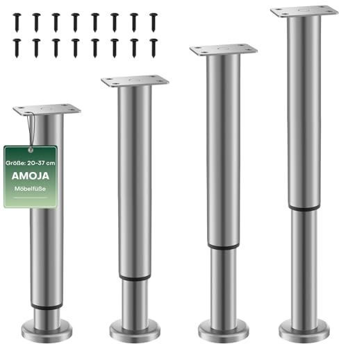 AMOJA 4 Stück Möbelfüße Verstellbar 20-37cm, Metall-Ersatzfüße für Möbel | Möbelbeine mit Gummi-Antirutsch-Pads, Tragkraft bis 450 kg, passend für Betten, Sofas, Schränke, Badezimmerschränke &Tisch