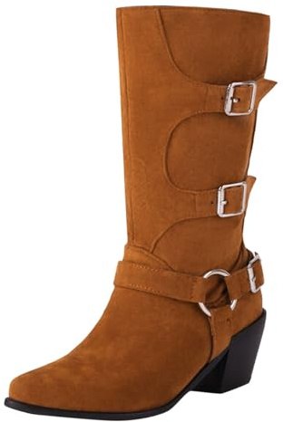 Generisch Stivaletti da donna, altezza media, autunno, inverno, in pizzo, con tacco a blocco, stile retrò, comodi, cintura in pelle, eleganti, da donna, 02 giallo., 37 EU