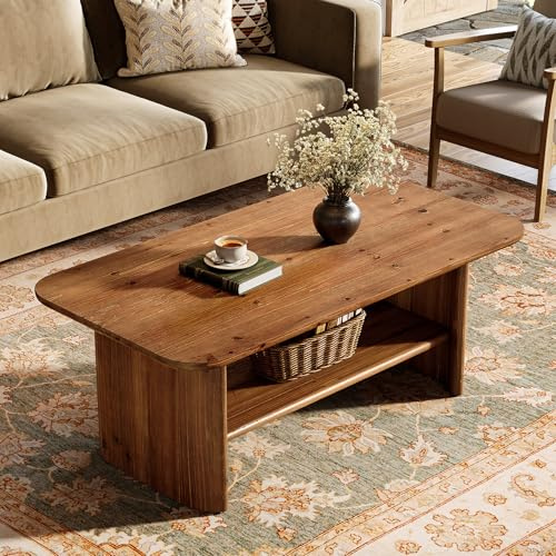 TRIBEWOOD Tavolino da caffè in legno massello con vano portaoggetti, tavolo da soggiorno rettangolare lungo 120 cm, tavolino a 2 ripiani stabile per soggiorno, ufficio, marrone rustico
