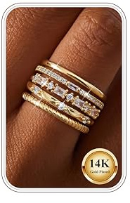 Kakonia Gold Silver Rings for Women 14K Gold Plated Stackable Rings Set Tarnish Free Chunky Finger Thumb Band Stacking Ring Cubic Zirconia Statement Engagement Promise Ring Non Tarnish G4-8