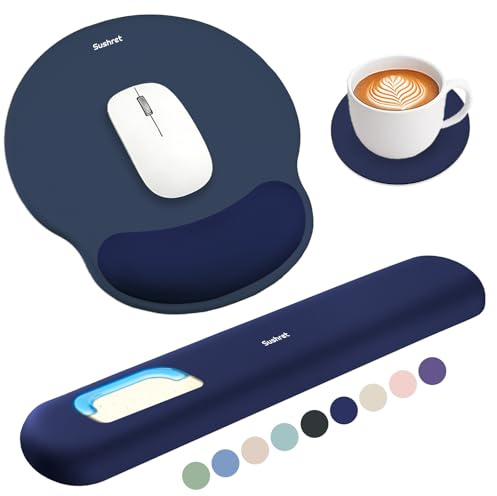 Sushret Mauspad & Tastatur Handballenauflage Set, Memory-Schaum + Gelkissen | 3-in-1 Ergonomisches Handgelenkstützen-Set, rutschfest & Slow-Rebound, Mousepad mit Handauflage, Büro & Gaming，Dunkelblau