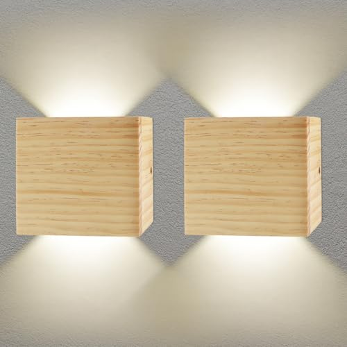 CHEVVY 2 Stück LED Wandleuchte Innen,7W LED Wandleuchte Holz Vintage 4500K | Up and Down Leuchten Aussen, Natürliches Flurlampen, Moderne Wandlampen für Wohnzimmer Flur Schlafzimmer