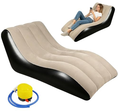 MeYuxg Aufblasbares Sofa Camping mit Fußpumpe,S-Bogen Aufblasbare Couch mit Beflockter Oberfläche,Tragbare Klappbare Camping Couch für Camping Garten Strand Innen-Außen(Khaki)