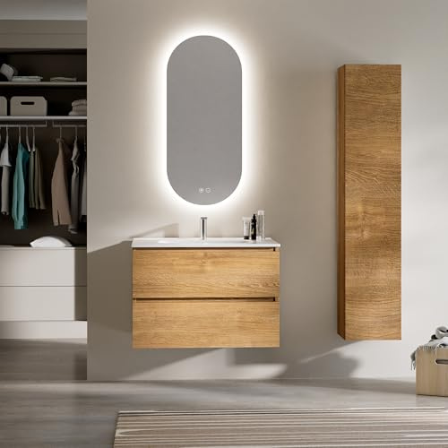 Feel Your Bath Mueble de Baño PANTER 80 cm Marrón Madera, Encimera Cerámica con Lavabo y Espejo Ovalado LED Antivaho, 2 Cajones Soft Close, Diseño Suspendido, Buen Almacenaje, Acabado Moderno