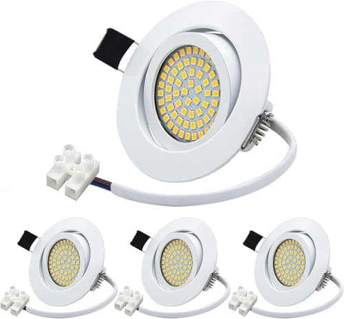 HiBay 4er Set Einbaustrahler Ultra Flach 3,5W LED Spot 230V Rund Einbauleuchten Neutralweiß Einbauspots Weiß 40°Schwenkbar Deckenspots