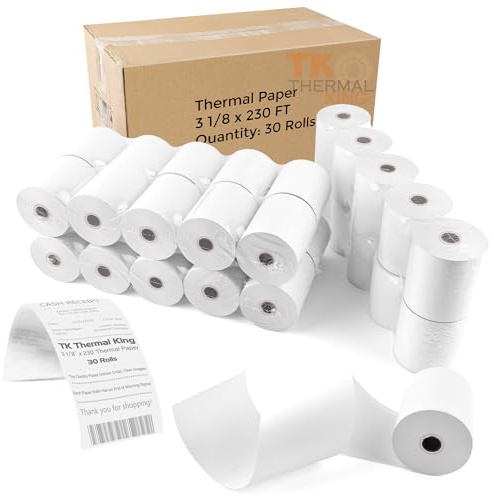 TK Thermal King, (30 Rolls) 3 1/8 x 230' Thermal Paper, POS Receipt Paper for Retail Business Cash Register, Fits Most Credit Card Terminal Point Of Sale