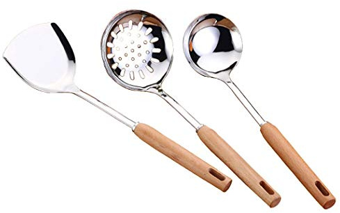Abcsea 3 piezas utensilios de cocina de acero inoxidable, Cuchara Salsera, Cuchara ranurada, espátula de cocina, cuchara perforada (grupo 1)