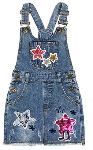 Peacolate 4-11 Ans Petite Grande Fille Jupe à Bretelles en Jean Étoiles Brodées Robe(6ans, Star)