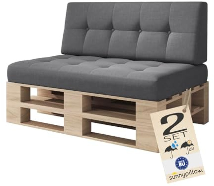 sunnypillow Palettenkissen Outdoor, UV-lichtecht, wasserdicht - 2er Set - Palettenauflage für Palettensofa für Haus, Garten - Palettenpolster für Palettenmöbel - Rückenkissen & Sitzkissen Anthrazit