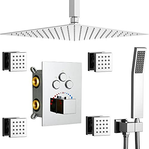 WHSHOWER 16 Zoll Decke Großes Regendusche System, Duscharmatur Komplettsystem mit Körperdüsen, Thermostat-Messing-Ventil, kann alle Optionen gleichzeitig verwenden (Chrom)
