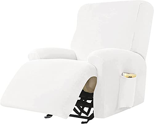 FASCINATDECO 4-teilige Samt Ruhesessel Bezüge, Stretch Velvet Plush Relaxsessel Bezug für Wohnzimmer mit Seitentasche, Sesselschoner für Fernsehsessel, Sitzbreite 58-89cm (Weiß)