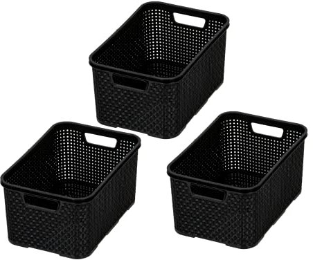 BranQ - Home essential Korb in Rattan Design 3er Set Grösse M 10 l, BPA-frei Kunststoff PP, Schwarz, 28,8x19,7x16,2 cm, 3 Stk.