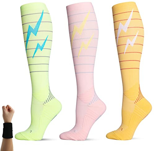 Dee Plus Kompressionsstrümpfe 2 Paar Kompressionssocken Sport Compression Socks Stützstrümpfe Sneaker Socken Laufsocken für Damen und Herren, Kniestrümpfe mit Blitz-Muster für Erholung, Flüge