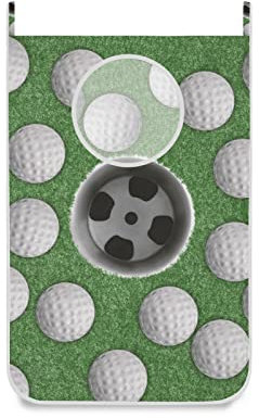Poeticcity White Golf Balls on Green Missed Target Hanging Laundry Hamper Bag, Dirty Clothes Bag Over The Door, Wall Cloth Basket with Hooks Storage Closet for Bathroom Bedroom