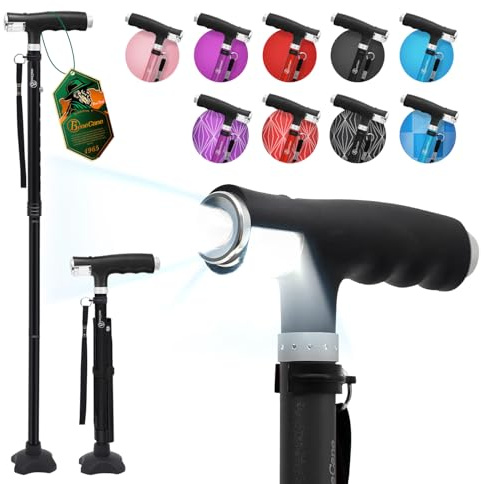 BeneCane Walking Cane for Women Folding Cane for Men with Two Led Lights Quad Cane with Stable Base Lightweight and Adjustable Walking Stick