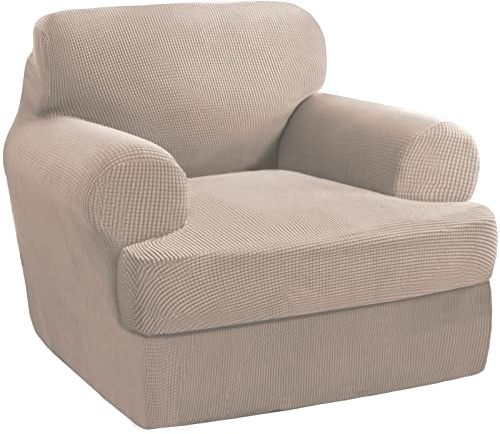 PrinceDeco 2 Pieces Armchair Slipcover Stretch Couch Covers for T Cushion Chair Slipcovers Soft Arm Chiar Cover Furniture Covers with 1 Individual T Shape Seat Covers Width Up to 40, Sand