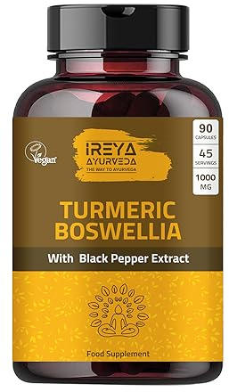 Ireya Ayurveda Boswellia Extract Capsules (90 Capsules) 1000 mg - Boswellia Serrata with 95% Black Pepper Extract and Curcuminoids Extract and 65% Boswellia Extract