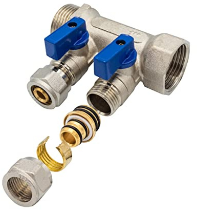 Belrad Heizkreisverteiler, 2 Abgänge, Kugelhahn blau, 1 AG - 1 IG | 1/2 16 mm Eurokonus x2, Abgangsmittenabstand 35 mm, Vernickeltes Messing, Einzelabsperrung, Maße 95x85x50 mm