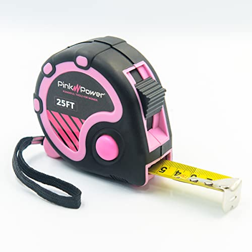 Pink Power 25ft Pink Tape Measure - Measuring Tape for Women's Tool Kit with Retractable Blade and Lock Button - Girls Measuring Kit - Lightweight Measurement Tool | Measuring Tape With Retractable Blade and Lock Button, Girls Measuring Kit, Lightweight Measurement, Pink 25 ft.