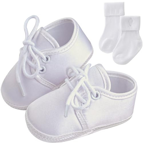 Booulfi Baby Jungen Schuhe Neugeborene Wihte Schuhe für Kleinkind Taufe Schuhe und Socken Set, 0-3M