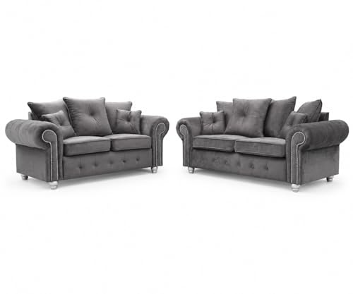 Hugo 3+2 Seater Sofa Set – Plush Velvet Grey Sofa Suite – High Back Upholstered Living Room Furniture – Modern 3 and 2 Seater Couch Set