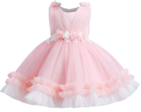 IMEKIS Vestido de bautizo sin mangas para niños, bebé, niña, sin mangas, cuello redondo, flores, volantes, tul, tutú, princesa, vestido de flores, vestido de boda, vestido de fiesta, vestido de