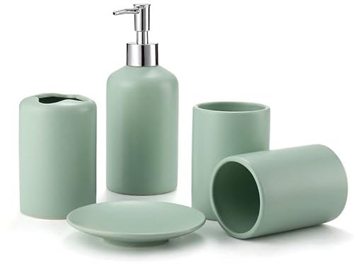 JTBDWOSK Badezimmer Zubehör Set Keramik 5-teiliges Badezimmer-Set Einfach und Kreativ Bad Accessoires Set, Bad Zubehör Set Inklusive Seifenschale, Seifenspender,Grün
