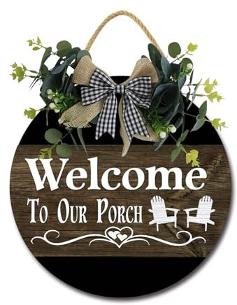 Welcome To Our Veranda Haustürschild, lustige Kränze zum Aufhängen, Holzschild, Dekoration, rund, rustikal, Holz, Bauernhaus, Veranda, Dekor für Zuhause, Haustür, 30,5 x 30,5 cm