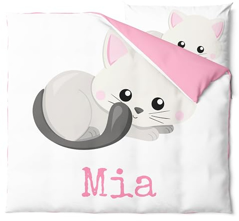 Pictogogo Personalisierte Kinderbettwäsche Set mit Katzen - Baby Bettwäsche Mit Namen - Wählbare Unterfarbe - Babybett Komplett Set - 1 Bettbezug & 1 Kissenbezug (80 x 80 cm, Weiß 2)